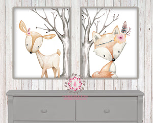 2 Deer Fox Printable Print Wall Art Woodland Boho Bohemian Floral Nursery Baby Girl Bedroom Set Lot Prints Decor TPC