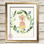 Boho Fox With Crown Woodland Printable Wall Art Print Bohemian Watercolor Floral Nursery Baby Girl Room Playroom Decor