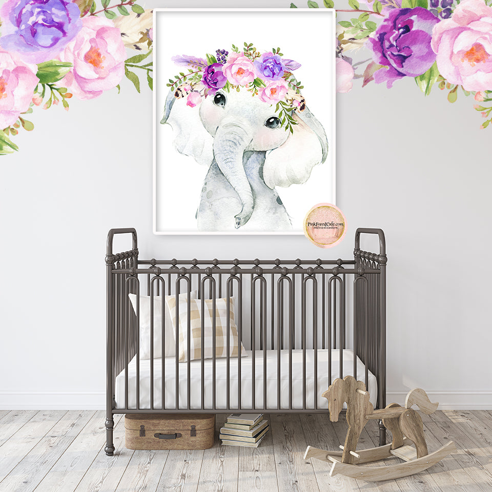 Boho Purple Peony Elephant Wall Art Print Feather Nursery Baby Girl Room Floral Bohemian Watercolor Printable Decor