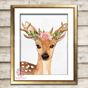 Boho Bohemian Watercolor Deer Antlers Woodland Printable Wall Art Print Garden Floral Nursery Baby Girl Room Decor