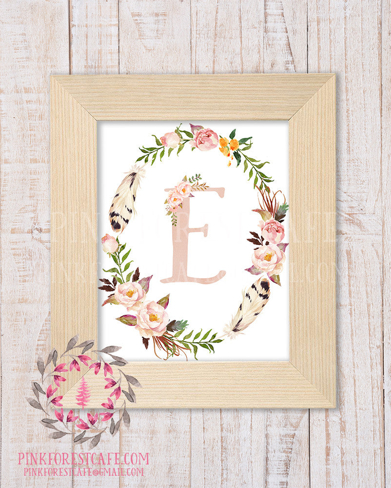 Boho Baby Monogram Initial Personalized Wall Art Print Initials Birth Announcement Gift Watercolor Woodland Floral Rustic Baby Nursery Home Printable Decor