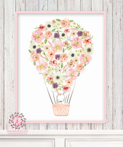 Boho Bunny Hot Air Balloon Woodland Wall Art Print Floral Nursery Baby Girl Room Printable Bohemian Decor