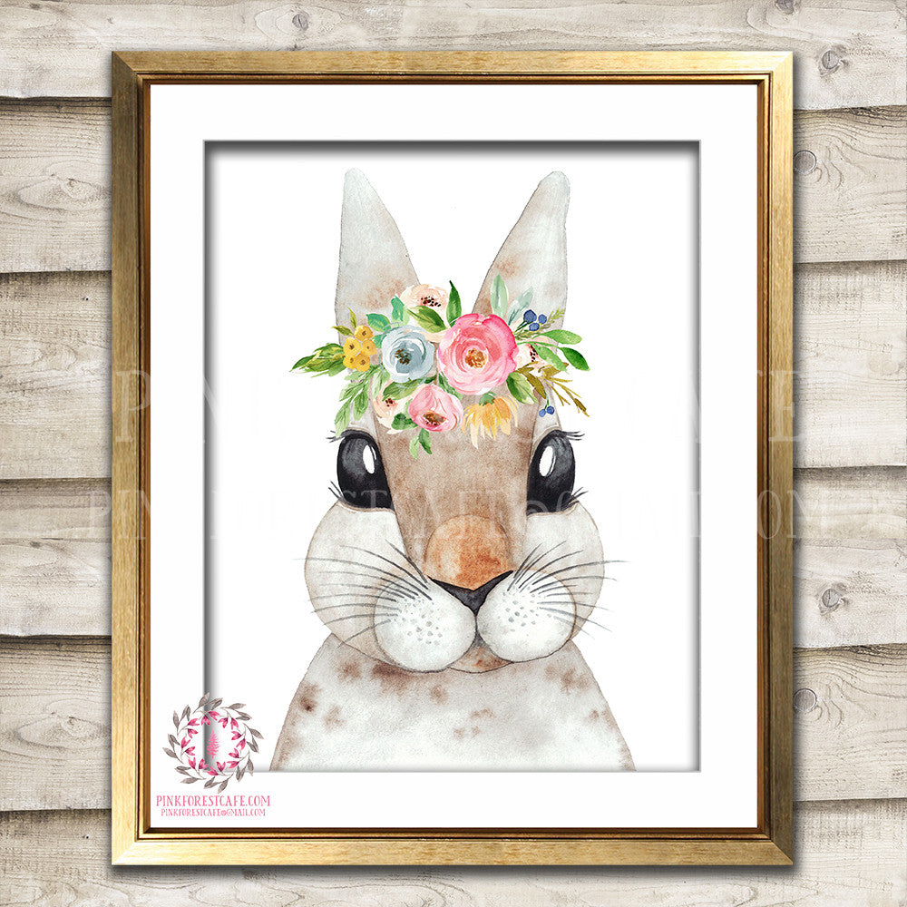 Boho Bohemian Watercolor Bunny Rabbit Woodland Printable Wall Art Print Garden Floral Nursery Baby Girl Room Decor
