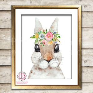 Boho Bohemian Watercolor Bunny Rabbit Woodland Printable Wall Art Print Garden Floral Nursery Baby Girl Room Decor