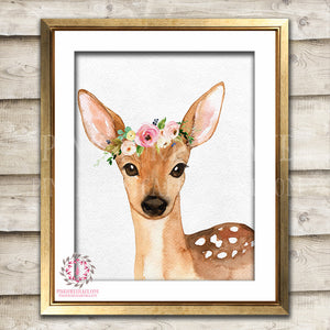 Boho Bohemian Watercolor Deer Woodland Printable Wall Art Print Garden Floral Nursery Baby Girl Room Decor