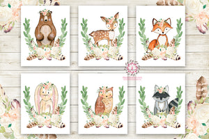 6 Bunny Bear Deer Fox Nursery Wall Art Print Set Woodland Boho Prints Bohemian Garden Blush Floral Baby Room Raccoon Owl Decor