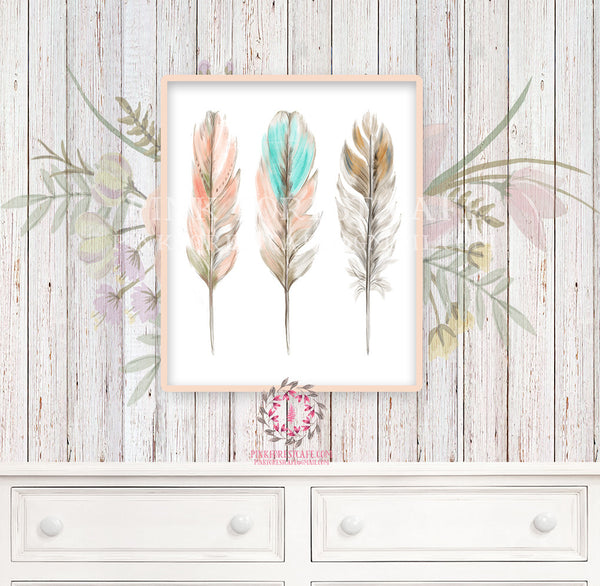 Boho Feather Nursery Print Wall Art Watercolor 3 Feathers Tribal Woodland Rustic Baby Girl Room Printable Bohemian Decor