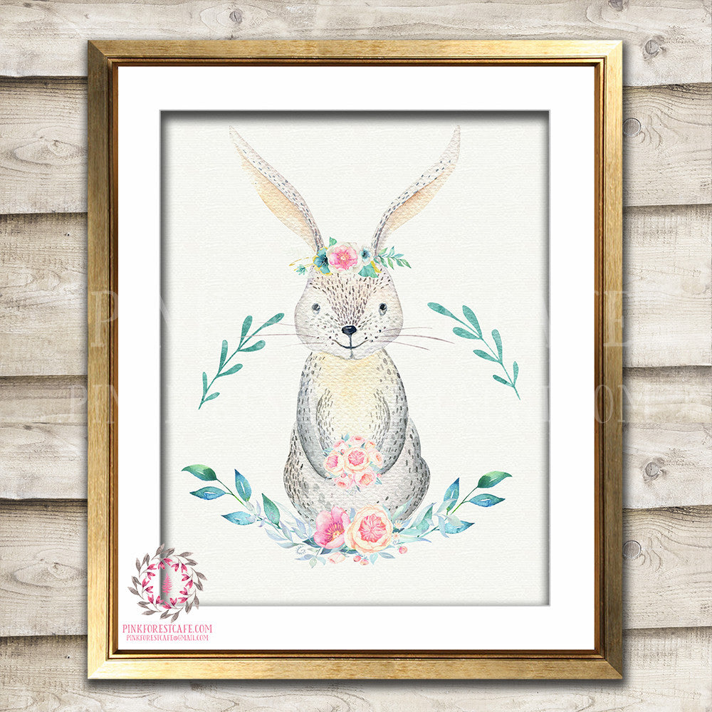 Boho Bunny Rabbit Printable Print Wall Art Bohemian Floral Feather Woodland Nursery Baby Girl Room Decor