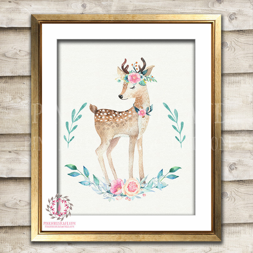 Boho Deer Printable Print Wall Art Bohemian Floral Woodland Nursery Baby Girl Room Decor