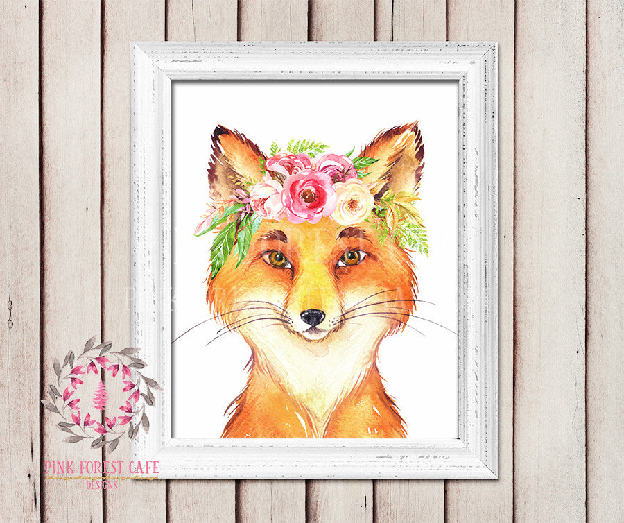 Fox Boho Watercolor Floral Baby Girl Room Woodland Rustic Nursery Printable Wall Poster Sign Art Stationery Card Baby Shower Room Home Decor