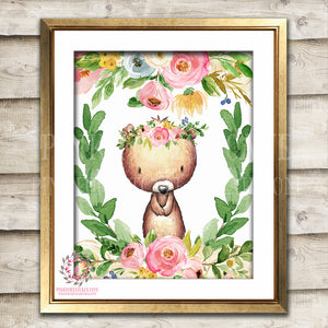 Boho Bohemian Bear Woodland Watercolor Printable Wall Art Print Garden Floral Nursery Baby Girl Room Decor