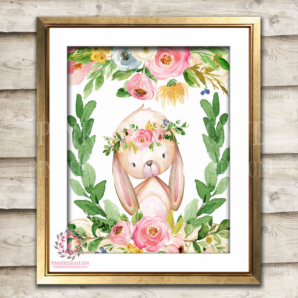 Boho Bohemian Bunny Rabbit Woodland Watercolor Printable Wall Art Print Garden Floral Nursery Baby Girl Room Decor