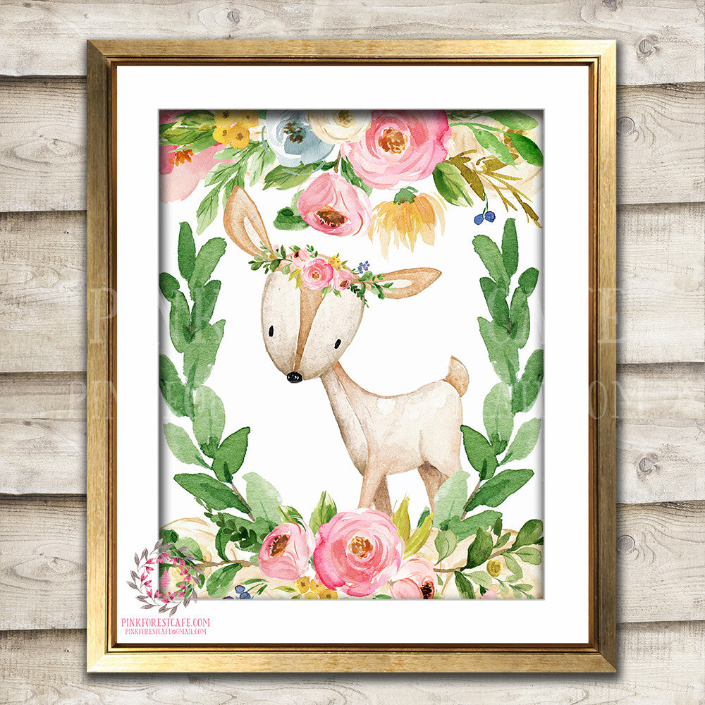 Boho Bohemian Deer Woodland Watercolor Printable Wall Art Print Garden Floral Nursery Baby Girl Room Decor