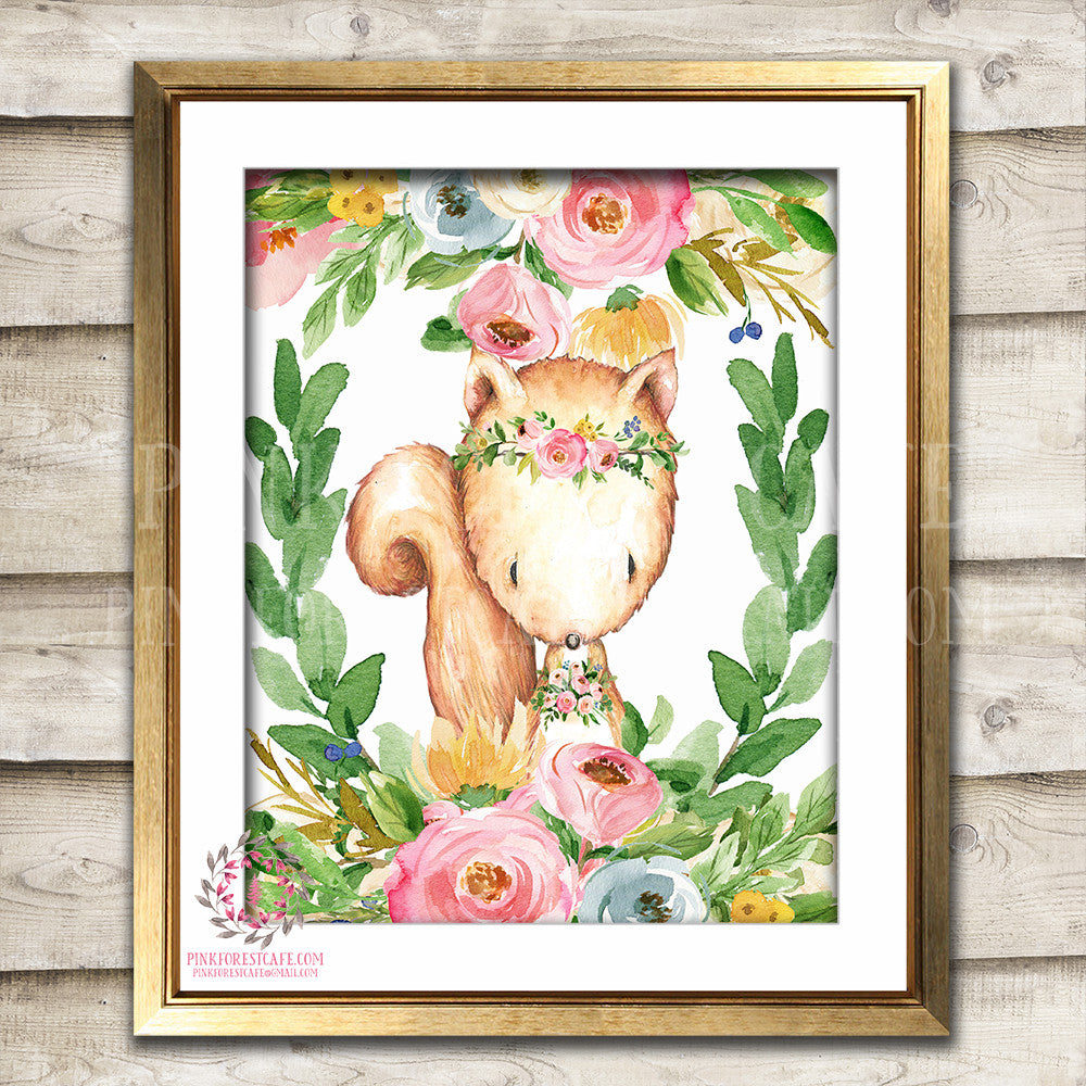 Boho Bohemian Squirrel Woodland Watercolor Printable Wall Art Print Garden Floral Nursery Baby Girl Room Decor