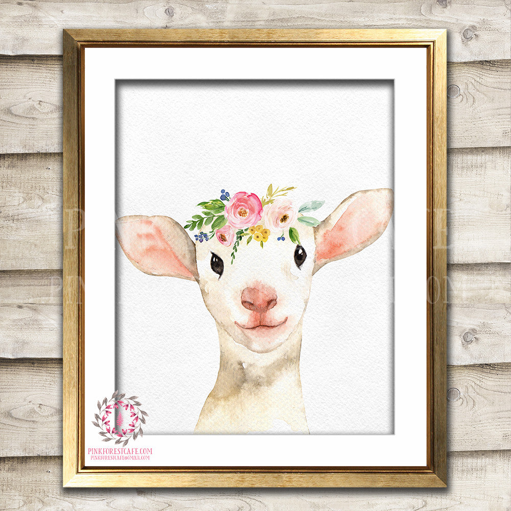 Boho Lamb Sheep Wall Art Print Farm Animal Zoo Floral Nursery Baby Girl Room Watercolor Printable Decor