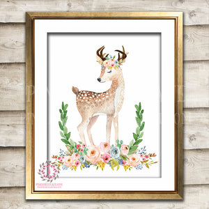 Deer Woodland Boho Print Printable Wall Art Bohemian Garden Floral Nursery Baby Girl Room Playroom Decor