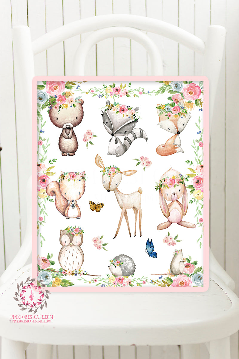 Woodland Animals Deer Bunny Fox Boho Bohemian Printable Wall Art Print Watercolor Baby Girl Nursery Decor