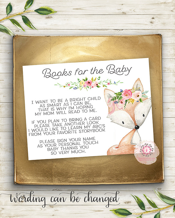 Woodland Fox Books For Baby Invite Invitation Shower Boho Floral Watercolor Birth Announcement Printable