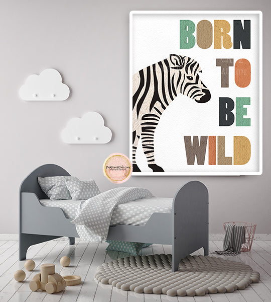 Zebra Born To Be Wild Wall Art Print Nursery Printable Navy Tan Sage Boho Printable Decor