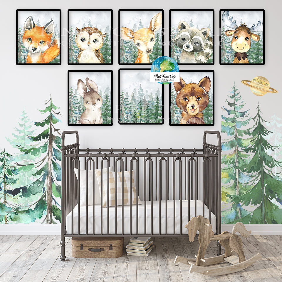 8 Woodland Animals Bear Deer Fox Moose Wall Art Print Baby Nursery Neutral Kids Printable Décor