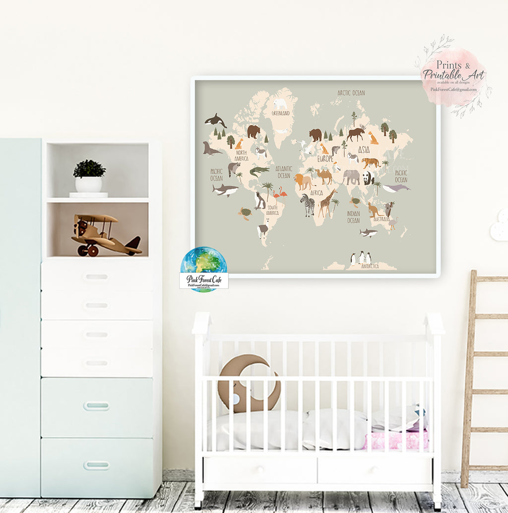 World Map Zoo Animal Wall Art Print Pink Baby Boy Nursery Room Printable Decor