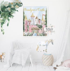 Boho Personalized Name Pink Castle Princess Girl Whimsical Printable Wall Art Print - Unicorn Fox Enchanted Ethereal Garden