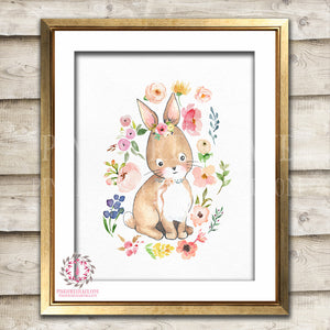Boho Bunny Rabbit Watercolor Bohemian Blush Floral Woodland Nursery Baby Girl Room Printable Print Wall Art Decor