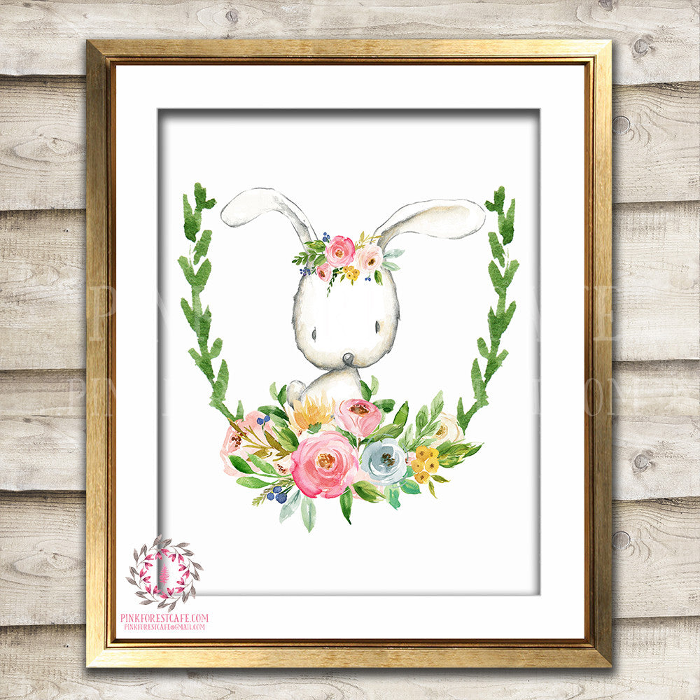 Bunny Rabbit Watercolor Woodland Boho Bohemian Floral Nursery Baby Gir ...