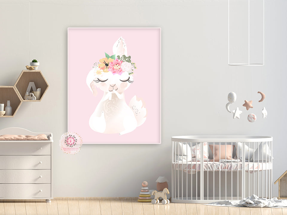 Boho Bunny Baby Girl Nursery Wall Art Print Ethereal Whimsical Bohemia ...