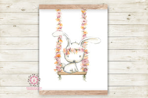 Boho Bunny Rabbit Swing Wall Art Print Woodland Bohemian Floral Nursery Baby Girl Room Printable Decor
