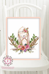 Bunny Rabbit Woodland Boho Printable Print Wall Art Baby Nursery Feather Antlers Watercolor Bohemian Floral Girl Room Decor