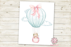 Boho Bunny Hot Air Balloon Woodland Wall Art Print Floral Nursery Baby Girl Room Printable Bohemian Decor