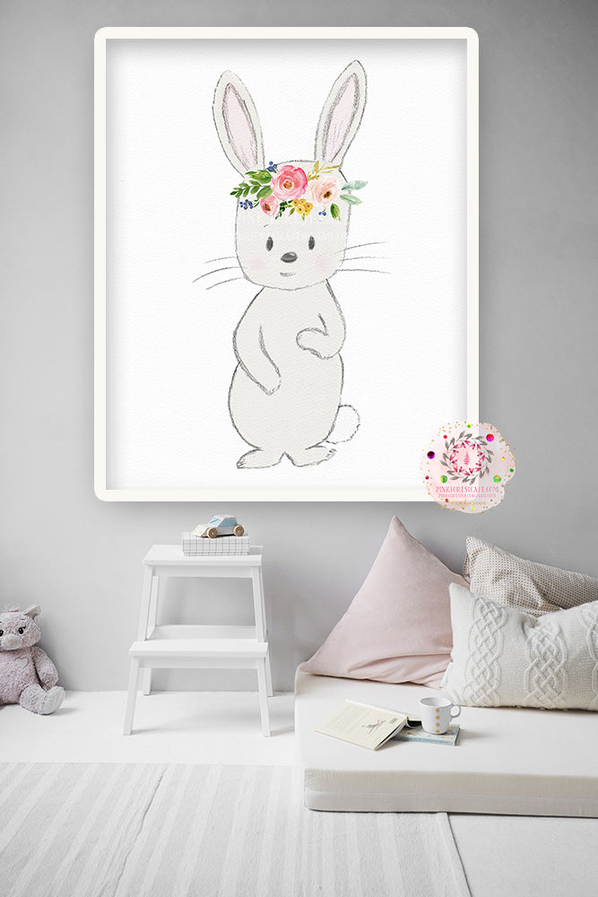 Woodland Boho Bunny Rabbit Wall Art Print Watercolor Baby Girl Nursery Exclusive Printable Decor