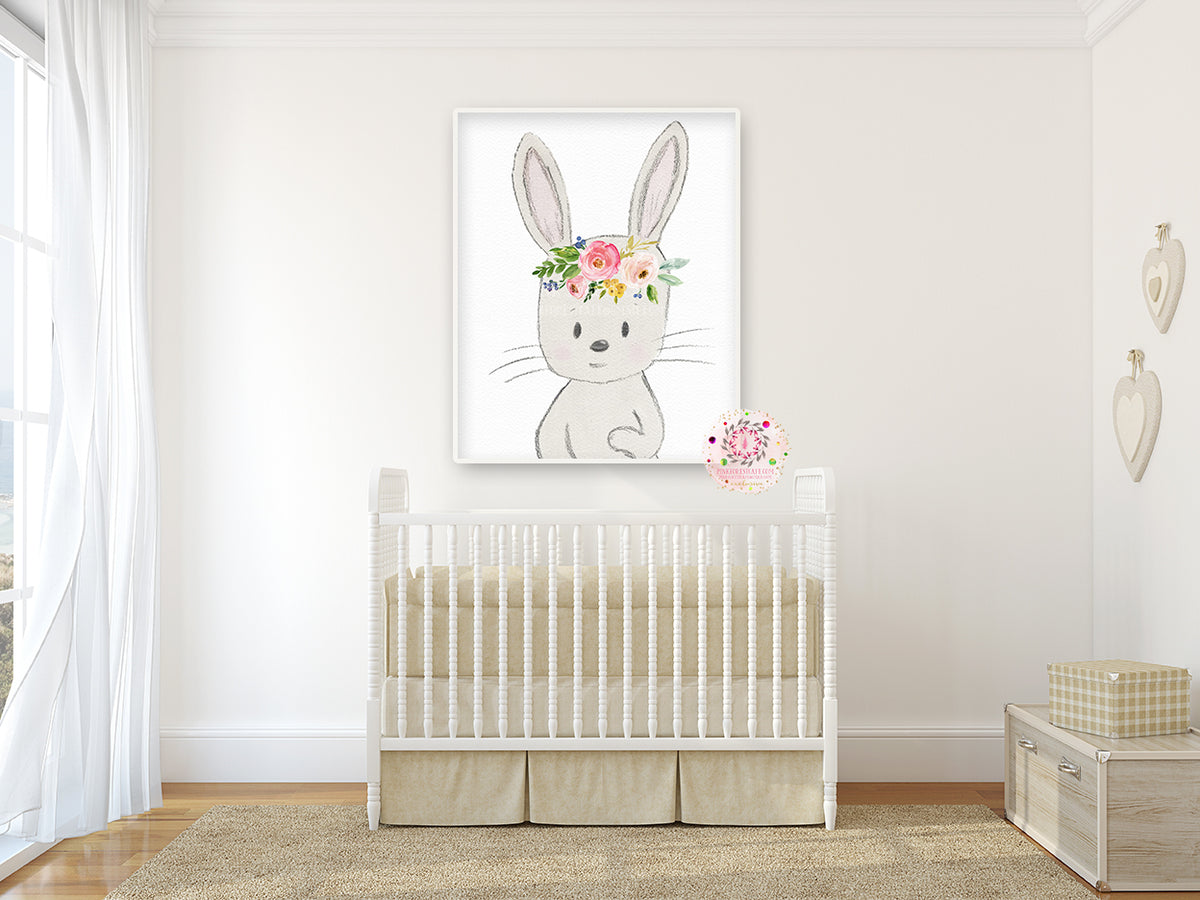 Woodland Boho Bunny Rabbit Wall Art Print Watercolor Baby Girl Nursery ...