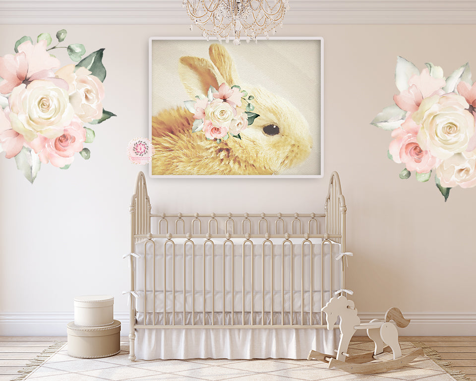Floral Bunny Rabbit Blush Woodland Boho Wall Art Print Nursery Baby Girl Room Watercolor Printable Decor