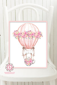 Boho Bunny Hot Air Balloon Wall Art Print Floral Tea Party Cup Nursery Baby Girl Woodland Room Printable Bohemian Decor