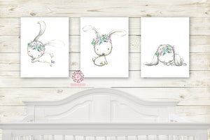 Boho Floral Bunny Rabbit Wall Art Prints Nursery Woodland Girl Mint Purple Baby Kids Room Bedroom Decor Print Set Of 3