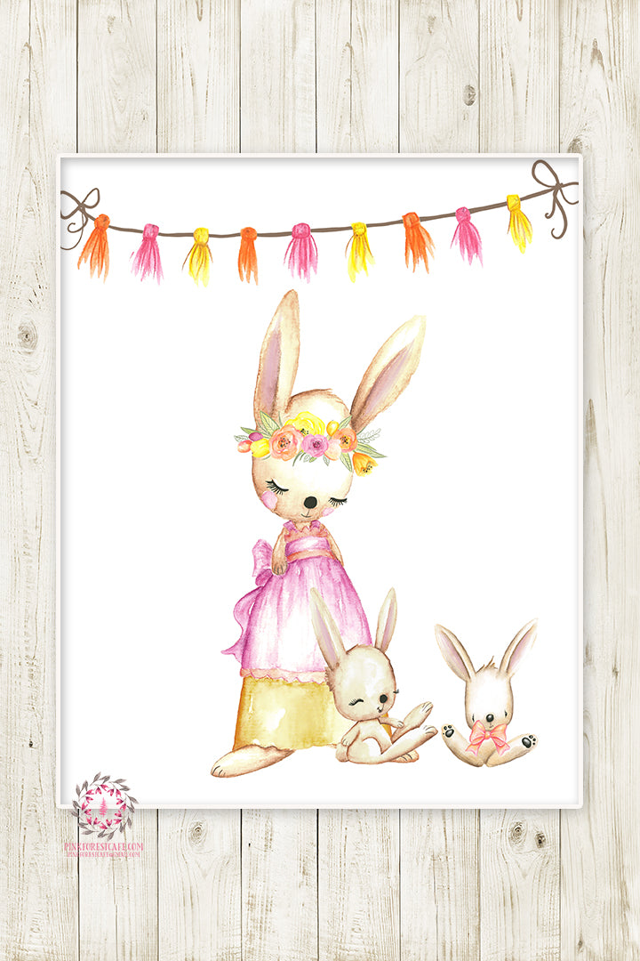 Boho Bunnies Bunny Rabbit Boho Girl Nursery Wall Art Print Woodland Baby Room Watercolor Printable Decor