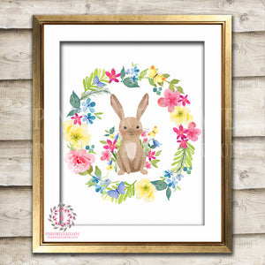 Boho Bohemian Bunny Rabbit Woodland Printable Wall Art Print Floral Nursery Baby Girl Room Decor