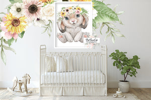 Boho Bunny Wall Art Print Woodland Nursery Baby Girl Sunflower Anemone Blush Watercolor Printable Décor