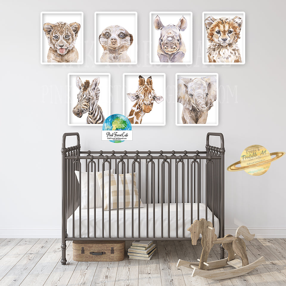 7 Boho Lion Elephant Giraffe Wall Art Print Blush Nursery Zoo Baby Room Safari Watercolor Lot Set Printable Décor