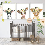 3 Boho Cow Wall Art Print Farm Nursery Baby Room Blush Floral Bohemian Watercolor Printable Decor