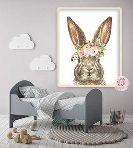 Boho Bunny Rabbit Wall Art Print Woodland Nursery Baby Girl Feather Room Floral Bohemian Watercolor Printable Decor