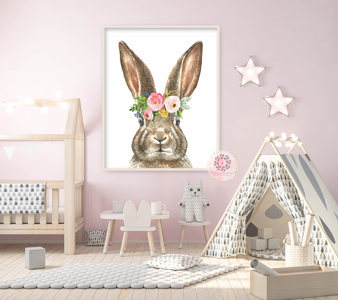 Boho Bunny Rabbit Wall Art Print Woodland Nursery Baby Girl Room Floral Bohemian Watercolor Printable Decor
