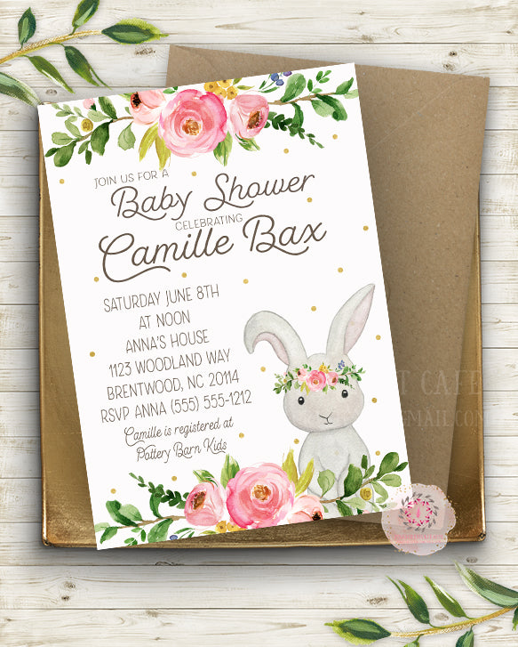 Woodland Bunny Rabbit Invite Invitation Baby Shower Boho Floral Watercolor Birth Announcement Printable