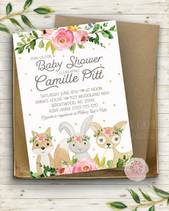 Woodland Fox Deer Bunny Rabbit Invite Invitation Baby Shower Boho Floral Watercolor Birth Announcement Printable