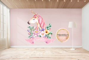 Boho Unicorn Watercolor Floral Wall Decal Sticker Personalized Name Baby Girl Nursery Art Decor