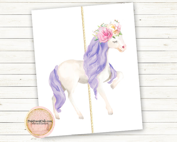 Boho Carousel Horse Wall Art Print Baby Girl Purple Nursery Ethereal Whimsical Merry Go Round Floral Printable Decor