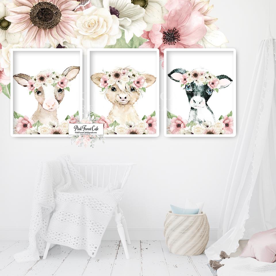 3 Boho Cow Blush Wall Art Print Farm Nursery Baby Room Sunflower Anemone Peony Watercolor Printable Décor