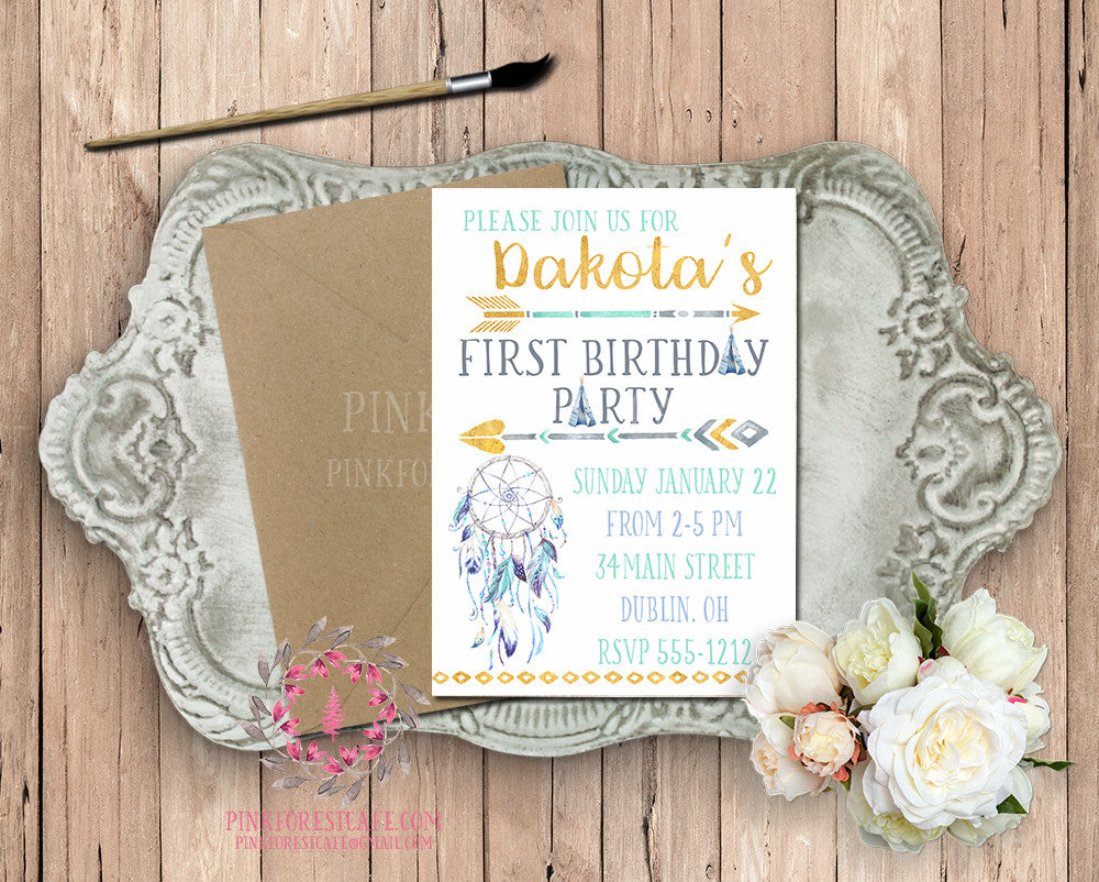 Dreamcatcher Arrow Teepee Tribal Blue Gold Theme Baby Bridal Shower Birthday Party Printable Invitation Invite